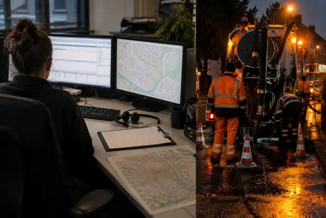 Arbeitsplatz einer Einsatzannahme mit Headset, neutralem Lageplan und geordneten Einsatzunterlagen